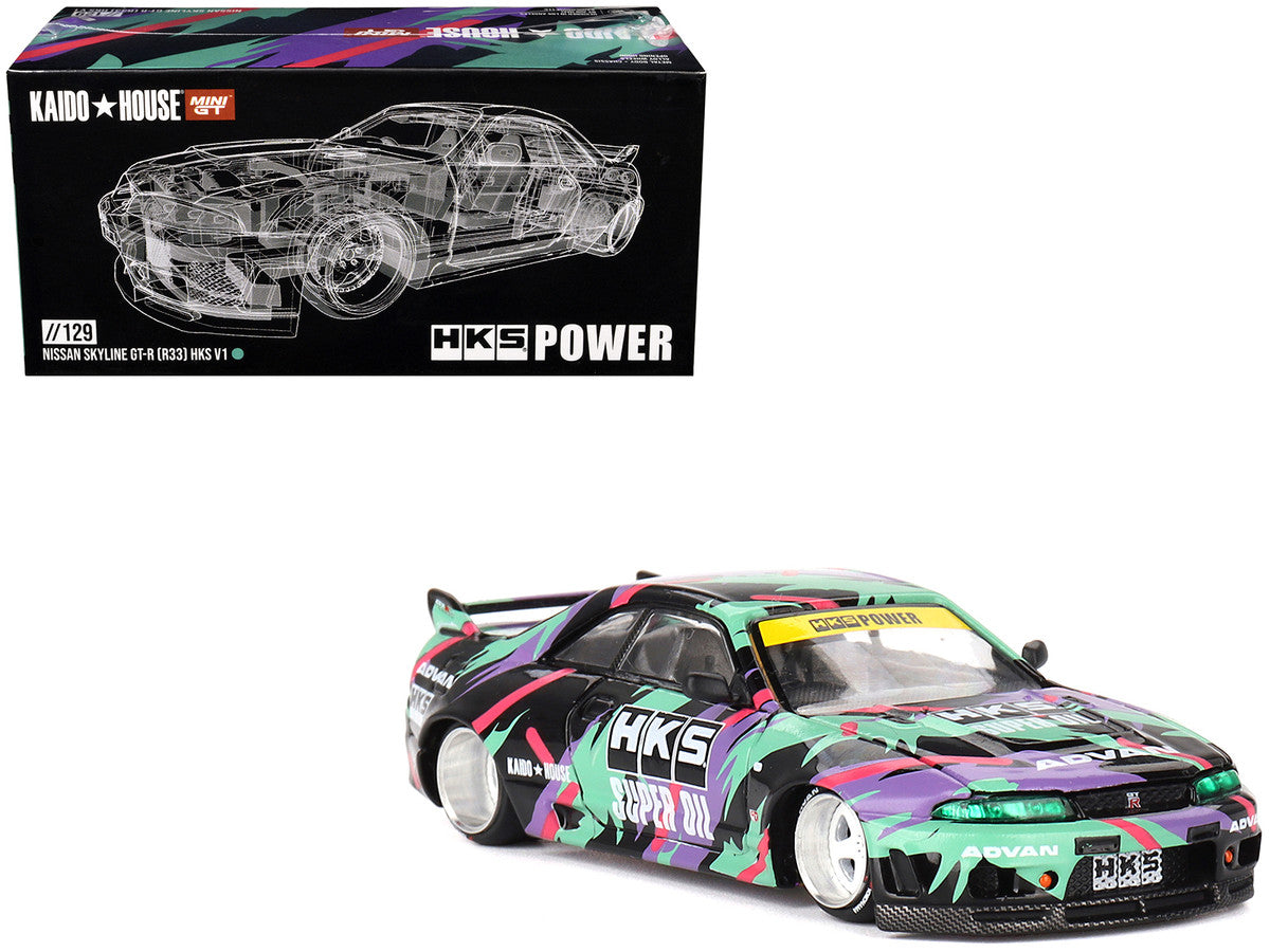 Nissan Skyline GT-R (R33) "HKS V1" RHD (Right Hand Drive) Black with Graphics (Designed by Jun Imai) "Kaido House" Special 1/64 Diecast Model Car by Mini GT